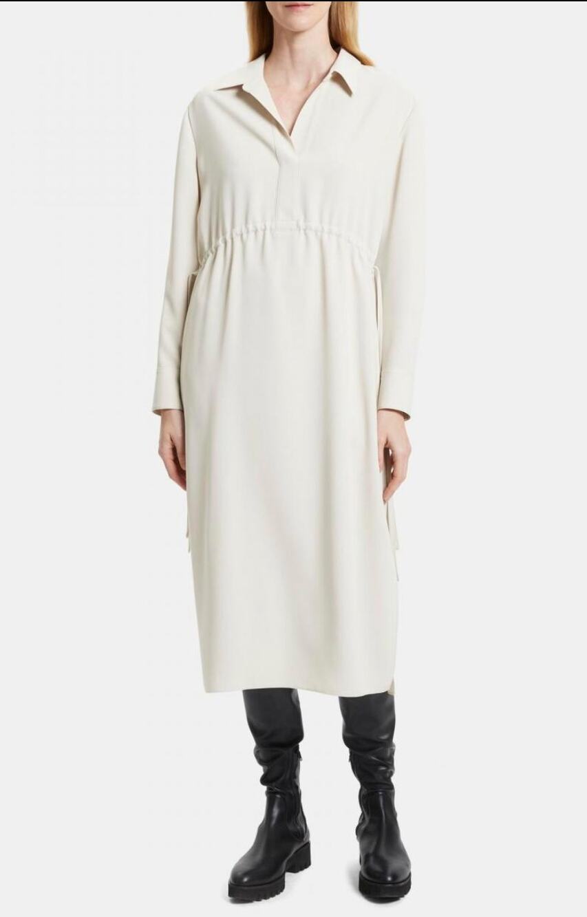 Theory Drawstring Shirt Dress 2 Matte Twill "Wheat" Lagenlook Minimal MSRP $275